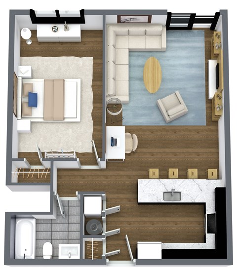 Floor plan for 1 bed, 1 bath, 725 sqft